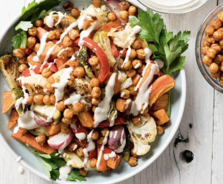 Roasted Vegetable and Chickpea Salad with Tahini Dressing